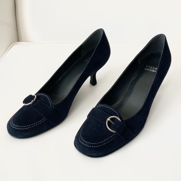 Stuart Weitzman Navy Blue Suede Leather Heel Pumps - Picture 3 of 12